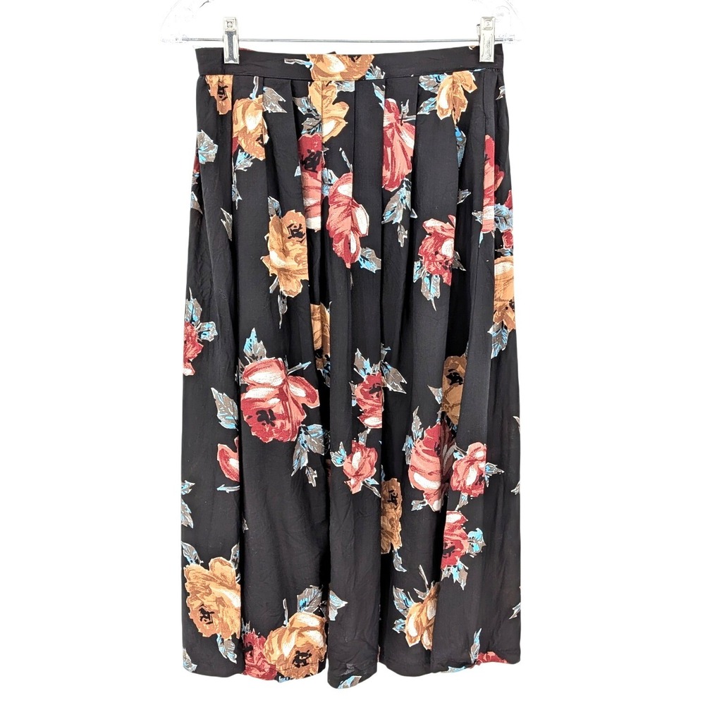 Vintage Floral Midi Skirt‎ Black Rayon Pleated Size 12 USA Made Cottage Boho